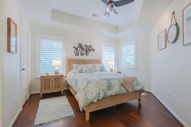 34 S Taylor Point Dr, The Woodlands, TX 77382 - bedroom with a tray ceiling, multiple windows, and dark wood-style floors