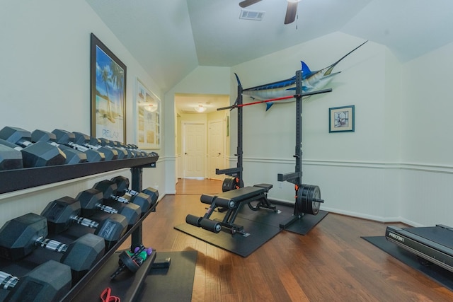 34 S Taylor Point Dr, The Woodlands, TX 77382 - exercise room featuring wood finished floors, ceiling fan, and vaulted ceiling