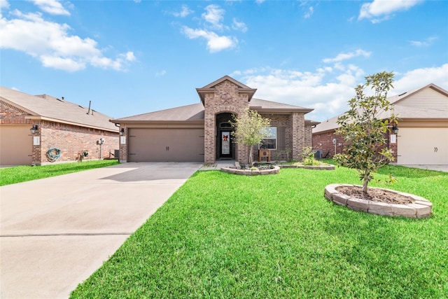 3319 Mcdonough Way, Katy, TX 77494 - ranch-style home with brick siding, an attached garage, concrete driveway, a front lawn, and roof with shingles