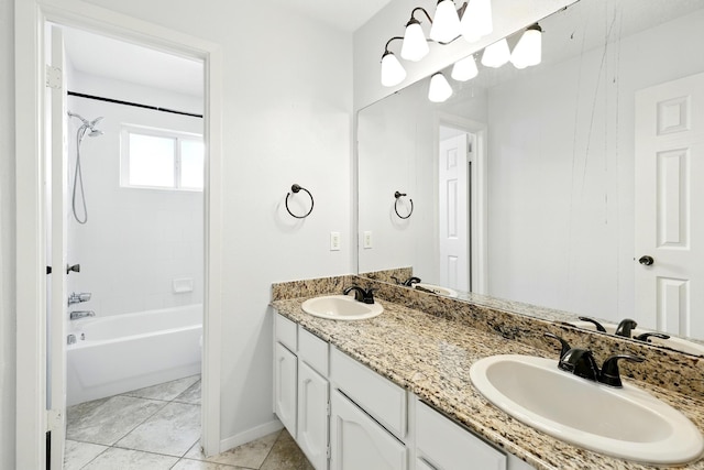 12318 Amado Dr, Houston, TX 77065 - bathroom with baseboards, double vanity, tile patterned flooring, and tub / shower combination