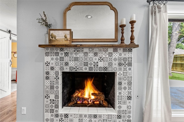 detailed view of a barn door, a tile fireplace, and wood finished floors