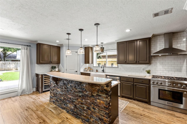 kitchen with wall chimney exhaust hood, stainless steel appliances, a sink, light countertops, and light wood-type flooring