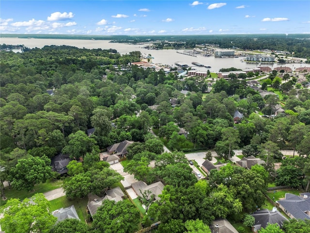 aerial perspective of suburban area with a nearby body of water