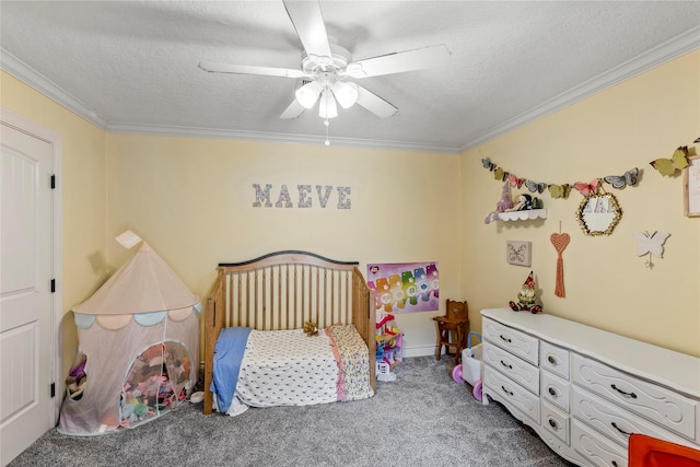 bedroom with carpet floors, crown molding, a textured ceiling, and a ceiling fan