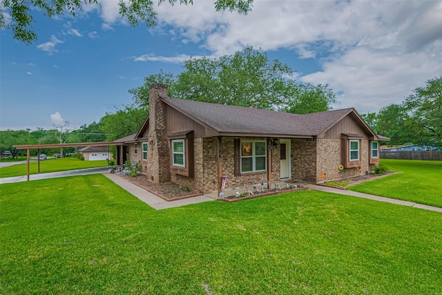 1745 15th St, Hempstead, TX 77445 - view of front of home with brick siding, a chimney, asphalt driveway, a shingled roof, and covered porch