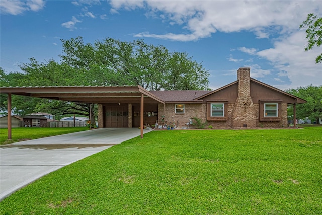 1745 15th St, Hempstead, TX 77445 - view of front of property with driveway, a chimney, an attached garage, a front yard, and brick siding