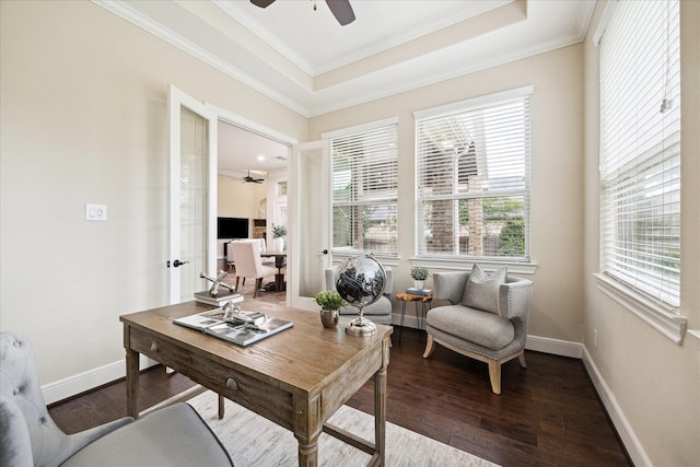 office area featuring ceiling fan, dark wood-style flooring, crown molding, a raised ceiling, and baseboards