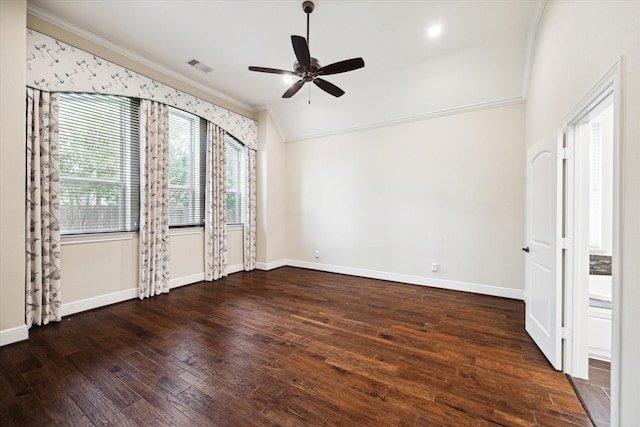unfurnished room featuring ornamental molding, a ceiling fan, wood-type flooring, and baseboards