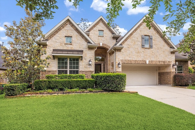 view of front of home featuring stone siding, concrete driveway, a front yard, and a garage