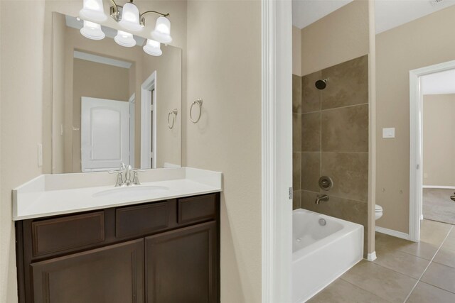 17306 Legend Brook Ct, Tomball, TX 77375 - bathroom with toilet, vanity, tile patterned flooring, shower / bath combination, and a chandelier