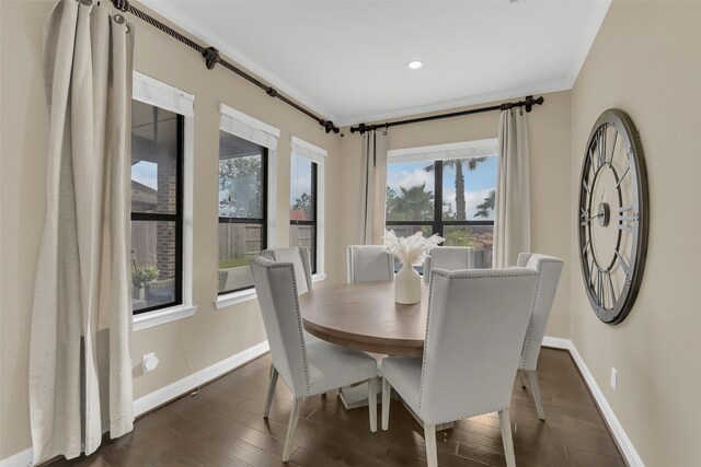 17306 Legend Brook Ct, Tomball, TX 77375 - dining area with baseboards, dark wood finished floors, and recessed lighting