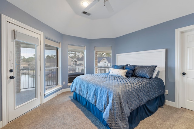 44 Logansport Ct, Montgomery, TX 77356 - bedroom featuring carpet flooring, baseboards, ceiling fan, and access to outside