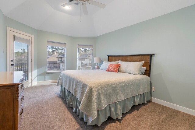 44 Logansport Ct, Montgomery, TX 77356 - carpeted bedroom featuring ceiling fan, baseboards, lofted ceiling, and access to exterior