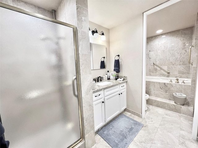 2016 Main St Unit Ph3, Houston, TX 77002 - bathroom with tiled shower, vanity, a relaxing tiled tub, and toilet