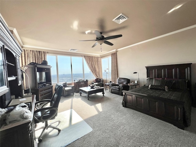 2016 Main St Unit Ph3, Houston, TX 77002 - carpeted bedroom with ornamental molding, a water view, and a ceiling fan