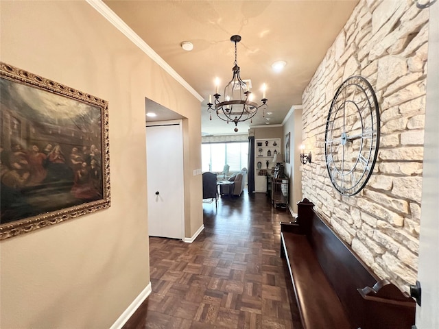 2016 Main St Unit Ph3, Houston, TX 77002 - hall featuring crown molding, a chandelier, and baseboards