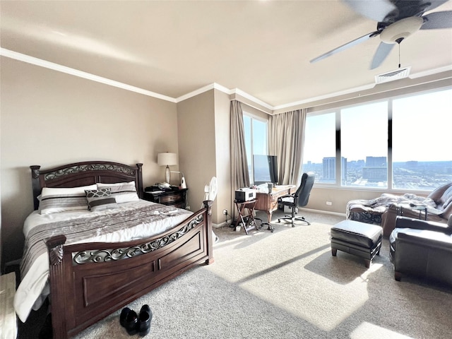 2016 Main St Unit Ph3, Houston, TX 77002 - bedroom with carpet floors, an office area, ornamental molding, baseboards, and ceiling fan