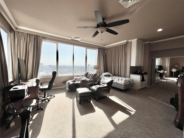 2016 Main St Unit Ph3, Houston, TX 77002 - bedroom featuring dark carpet, an office area, crown molding, and ceiling fan