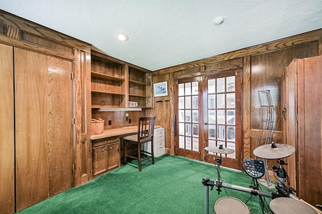 4734 Baywood Dr, Pasadena, TX 77505 - office with built in study area, carpet flooring, wooden walls, and a textured ceiling