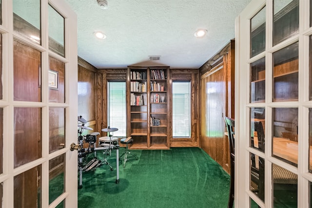 4734 Baywood Dr, Pasadena, TX 77505 - office space with carpet floors, wooden walls, a textured ceiling, and french doors