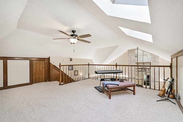 4734 Baywood Dr, Pasadena, TX 77505 - additional living space featuring a skylight, vaulted ceiling, light colored carpet, and a ceiling fan