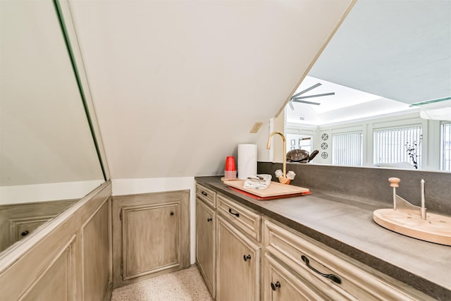 4734 Baywood Dr, Pasadena, TX 77505 - bathroom featuring speckled floor, a sink, and lofted ceiling