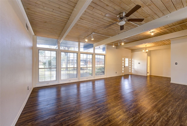 unfurnished living room with wooden ceiling, baseboards, a ceiling fan, dark wood-style floors, and beam ceiling