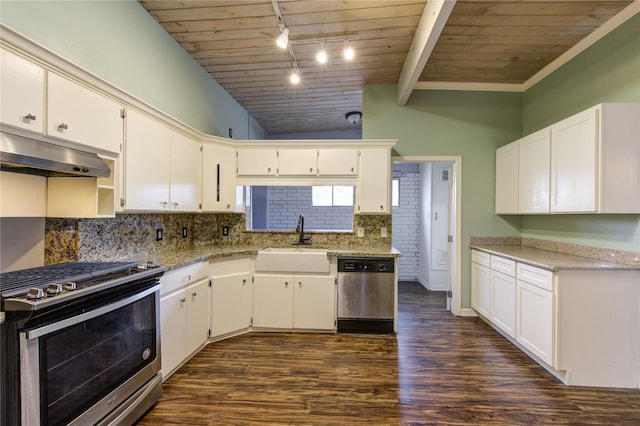 kitchen featuring stainless steel appliances, a sink, under cabinet range hood, rail lighting, and wood ceiling