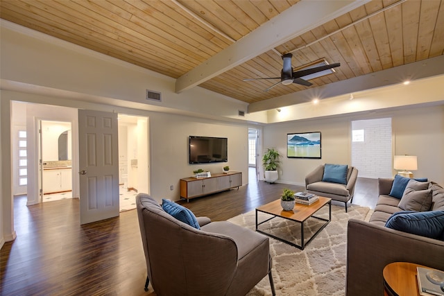 living room featuring wood finished floors, wood ceiling, beamed ceiling, a ceiling fan, and baseboards