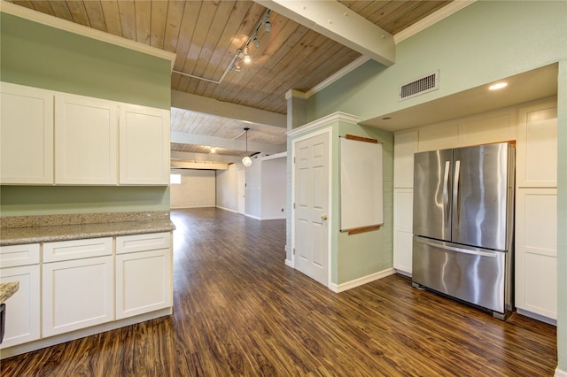 kitchen with freestanding refrigerator, wooden ceiling, track lighting, white cabinets, and dark wood-type flooring