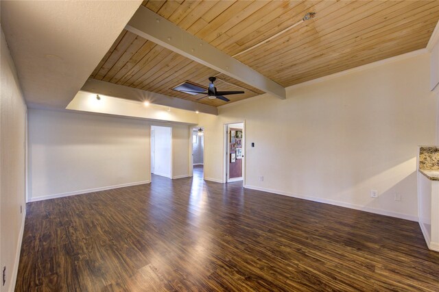 unfurnished room featuring a ceiling fan, wood finished floors, wooden ceiling, baseboards, and beam ceiling