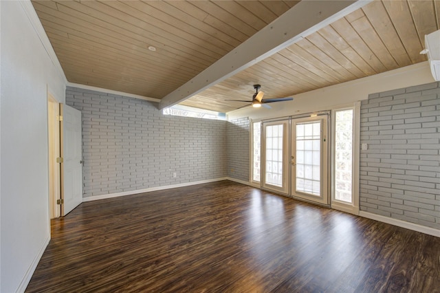 unfurnished room featuring brick wall, baseboards, french doors, wooden ceiling, and ceiling fan