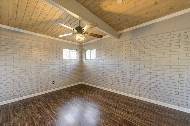 unfurnished room featuring brick wall, crown molding, ceiling fan, wooden ceiling, and dark wood-type flooring