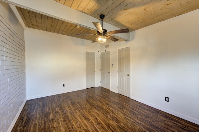 unfurnished room with wooden ceiling, ceiling fan, dark wood-style floors, and baseboards