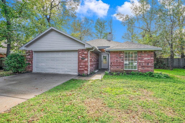 6719 Woodland Oaks, Magnolia, TX 77354 - ranch-style house featuring brick siding, a chimney, an attached garage, driveway, and roof with shingles