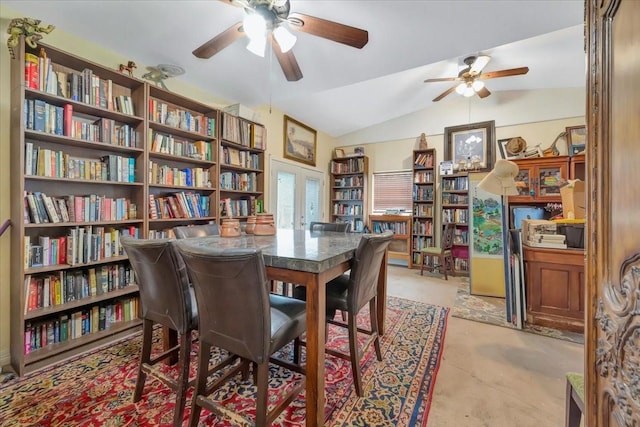 7027 Iowa Colony Blvd, Rosharon, TX 77583 - dining area featuring ceiling fan, vaulted ceiling, and concrete flooring