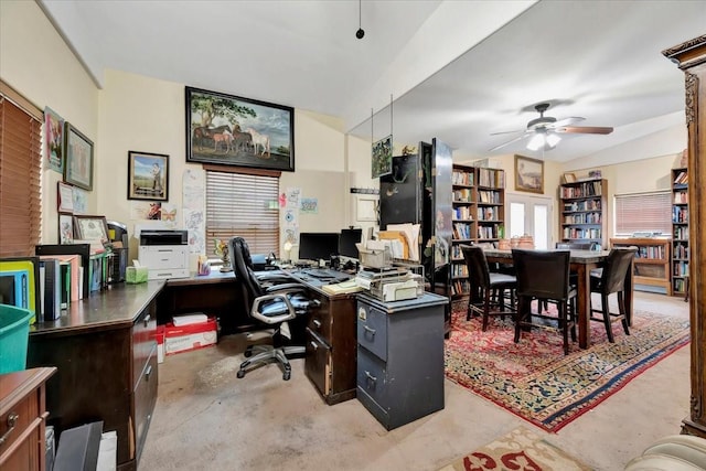 7027 Iowa Colony Blvd, Rosharon, TX 77583 - office space with ceiling fan, concrete flooring, and lofted ceiling