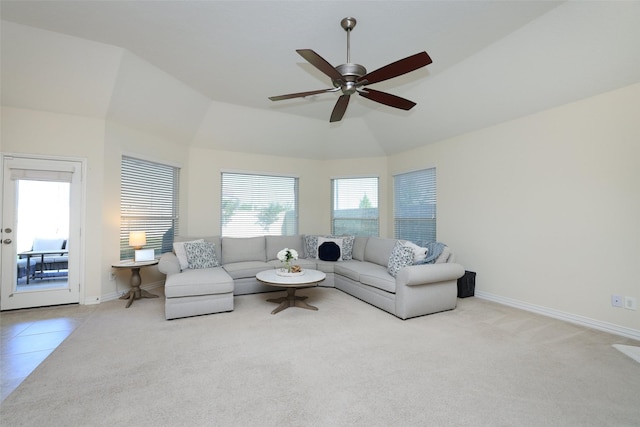 15623 Lavender Bay Ln, Cypress, TX 77429 - living area with baseboards, ceiling fan, carpet floors, and high vaulted ceiling
