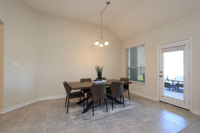 15623 Lavender Bay Ln, Cypress, TX 77429 - dining room with lofted ceiling, a chandelier, baseboards, and light tile patterned floors