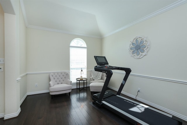 15623 Lavender Bay Ln, Cypress, TX 77429 - workout area with wood finished floors, baseboards, crown molding, and vaulted ceiling