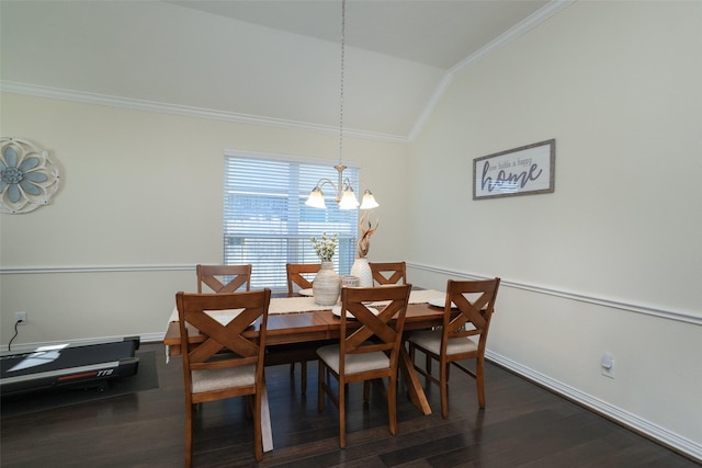 15623 Lavender Bay Ln, Cypress, TX 77429 - dining area with crown molding, lofted ceiling, a chandelier, dark wood-type flooring, and baseboards