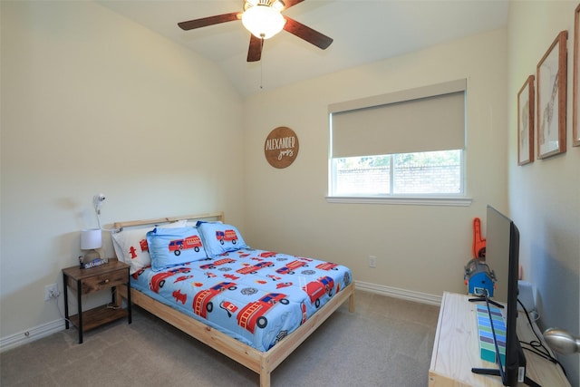 15623 Lavender Bay Ln, Cypress, TX 77429 - bedroom featuring carpet, baseboards, vaulted ceiling, and ceiling fan
