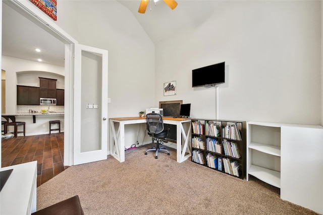 16711 Ramsay Cascades Dr, Humble, TX 77346 - office space with high vaulted ceiling, ceiling fan, dark carpet, and recessed lighting