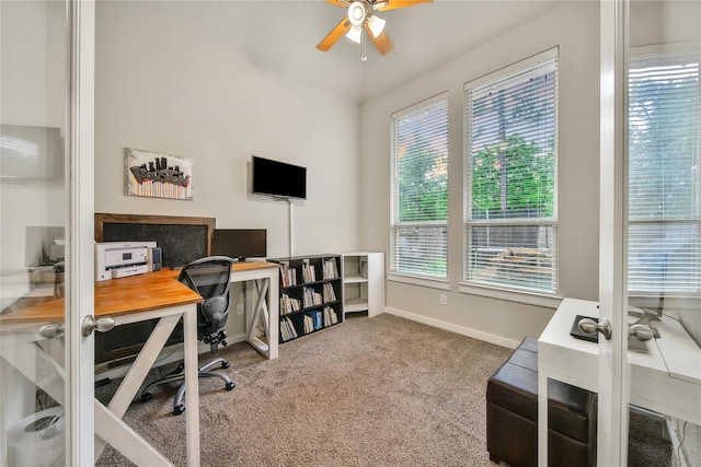 16711 Ramsay Cascades Dr, Humble, TX 77346 - carpeted office space featuring ceiling fan, plenty of natural light, and baseboards