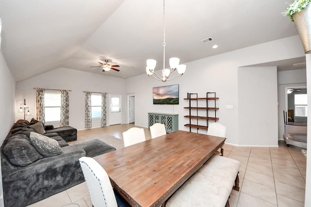 4827 San Gregorio Ln, Katy, TX 77493 - dining room featuring ceiling fan, light tile patterned floors, vaulted ceiling, a chandelier, and recessed lighting