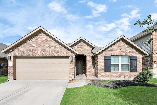 4827 San Gregorio Ln, Katy, TX 77493 - french country style house with brick siding, driveway, a garage, and a front lawn