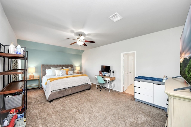 4827 San Gregorio Ln, Katy, TX 77493 - bedroom with light colored carpet, ceiling fan, and an office area