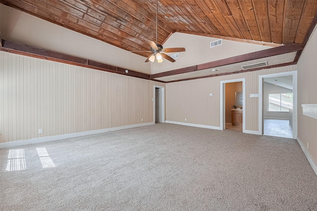 10315 Sun City Ct, Houston, TX 77099 - unfurnished room featuring a ceiling fan, carpet floors, wooden ceiling, and high vaulted ceiling
