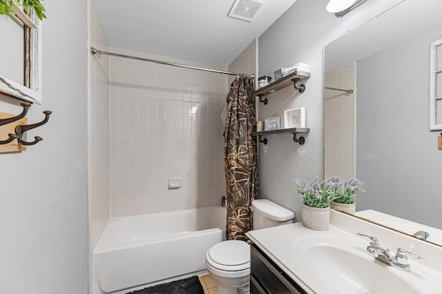 8315 Egret Bay Cir, Baytown, TX 77523 - bathroom with toilet, shower / bath combination with curtain, tile patterned floors, and vanity