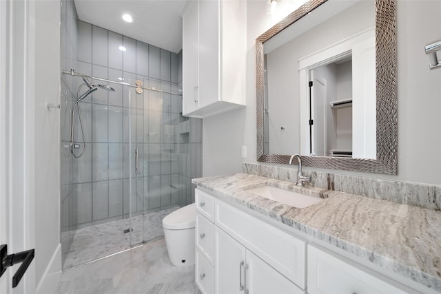 18829 Cypress Church Rd, Cypress, TX 77433 - bathroom with a stall shower, toilet, vanity, and recessed lighting